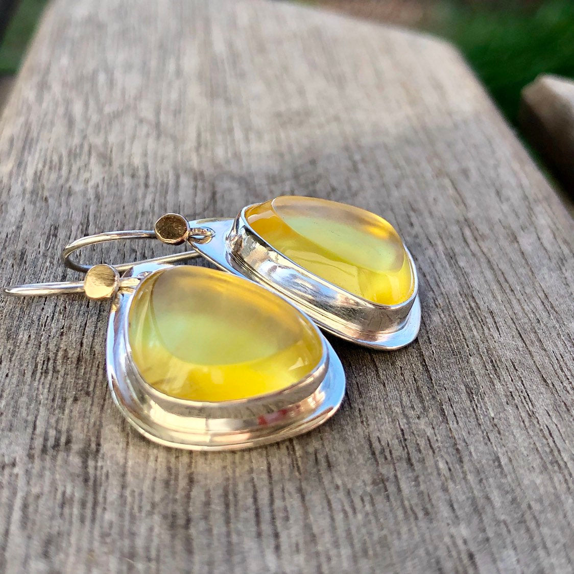 Madagascan Yellow Opal Hook Earrings  In Sterling Silver With 9k Gold Accents