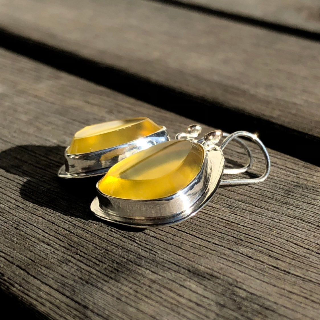 Madagascan Yellow Opal Hook Earrings  In Sterling Silver With 9k Gold Accents