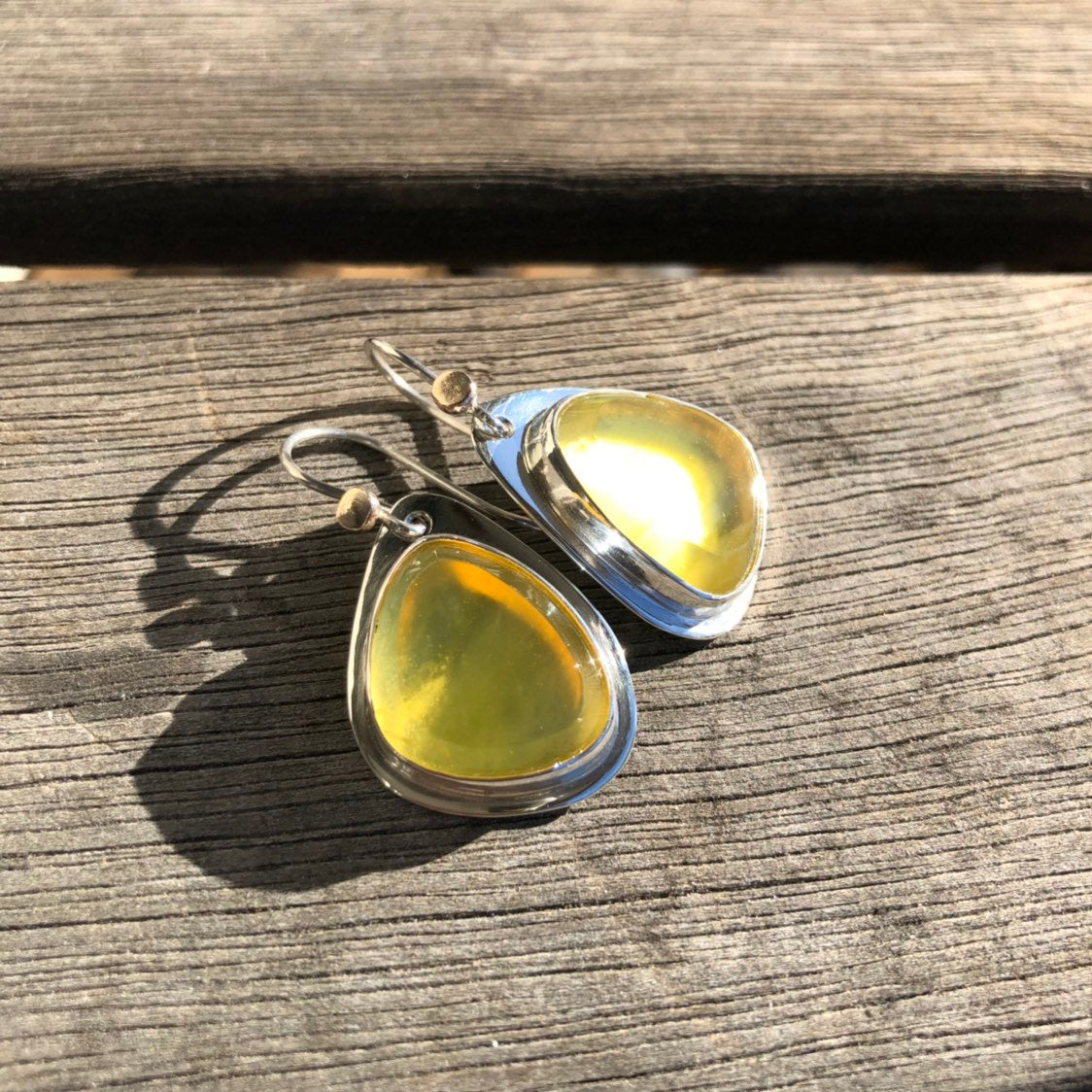 Madagascan Yellow Opal Hook Earrings  In Sterling Silver With 9k Gold Accents