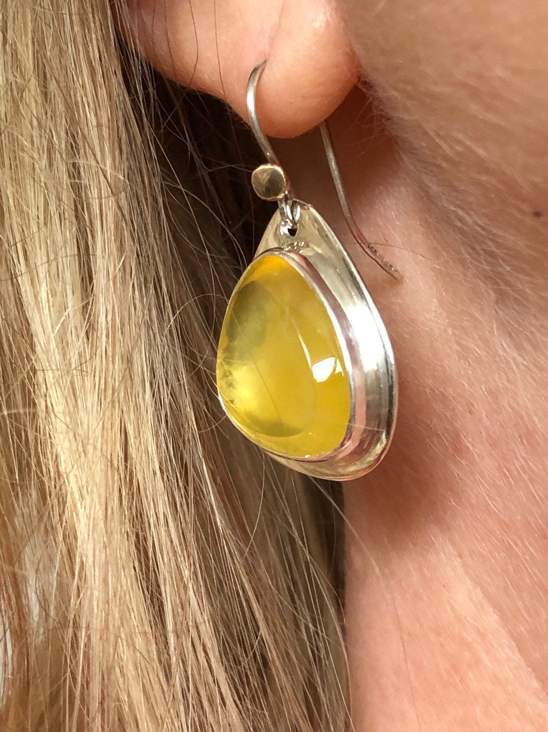 Madagascan Yellow Opal Hook Earrings  In Sterling Silver With 9k Gold Accents