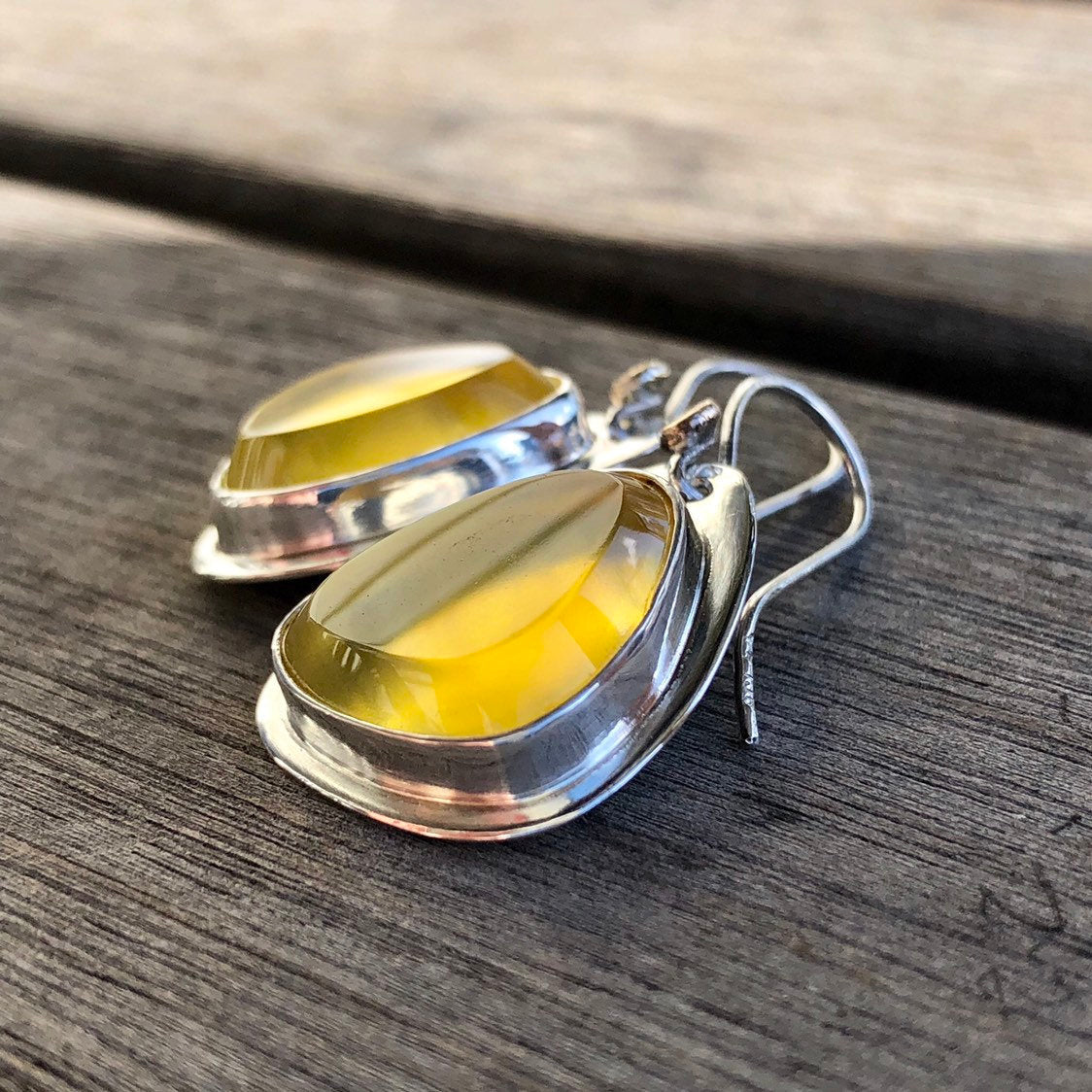 Madagascan Yellow Opal Hook Earrings  In Sterling Silver With 9k Gold Accents