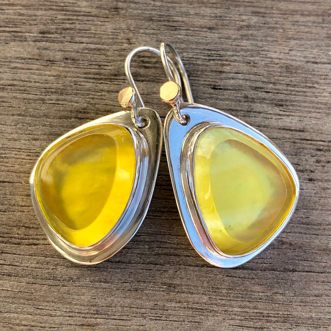 Madagascan Yellow Opal Hook Earrings  In Sterling Silver With 9k Gold Accents