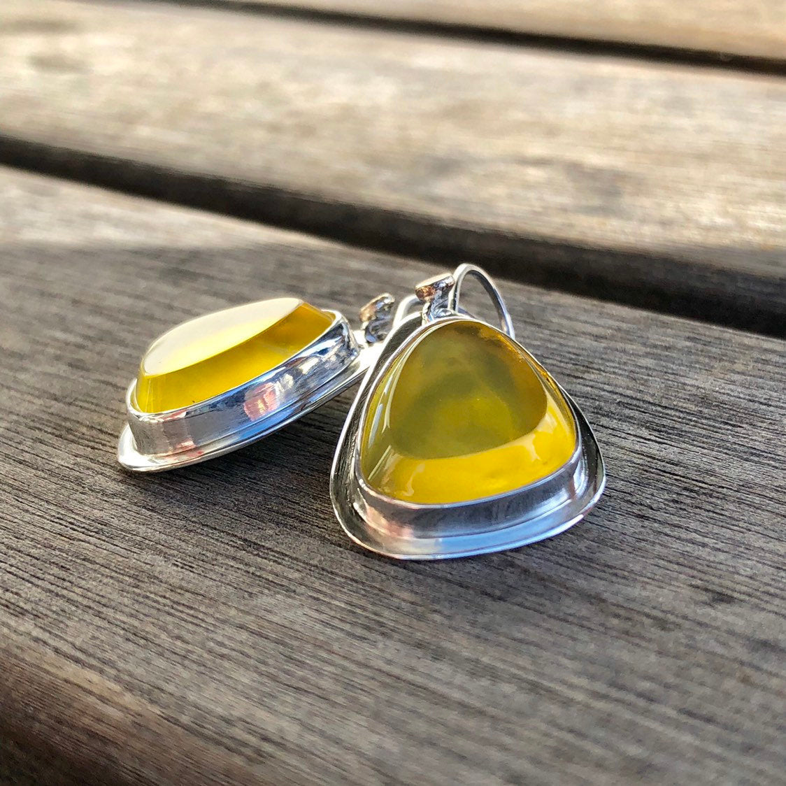 Madagascan Yellow Opal Hook Earrings  In Sterling Silver With 9k Gold Accents