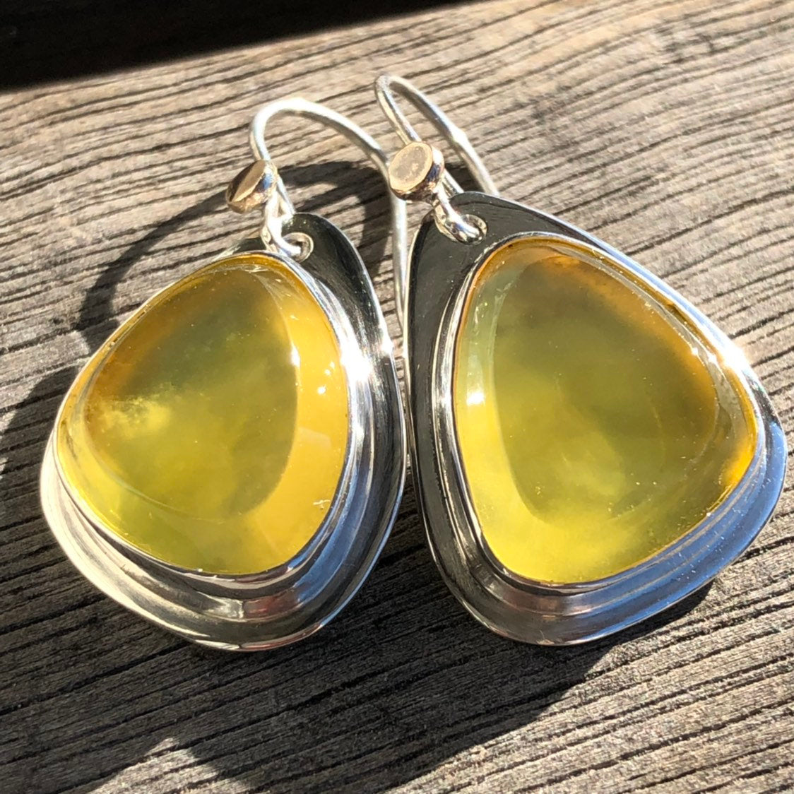 Madagascan Yellow Opal Hook Earrings  In Sterling Silver With 9k Gold Accents