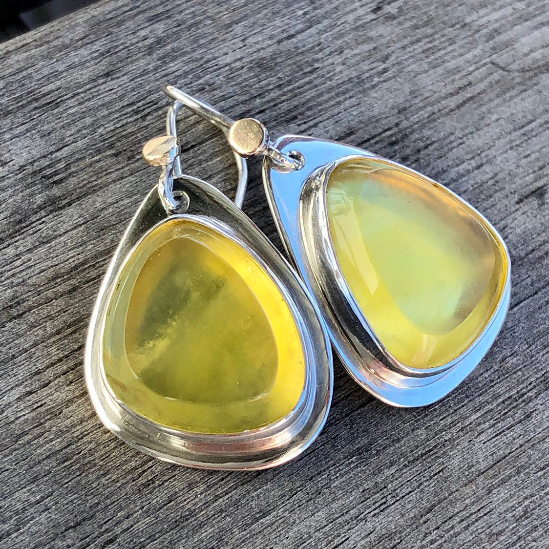 Madagascan Yellow Opal Hook Earrings  In Sterling Silver With 9k Gold Accents