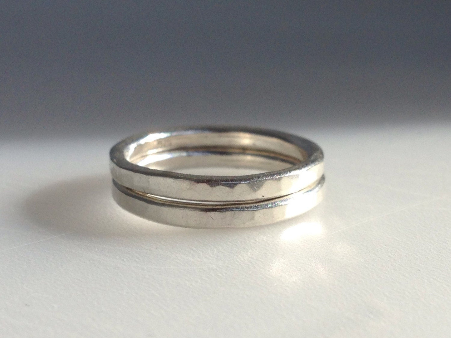 Two Customised Artisan Sterling Silver Hammered Stackable Rings