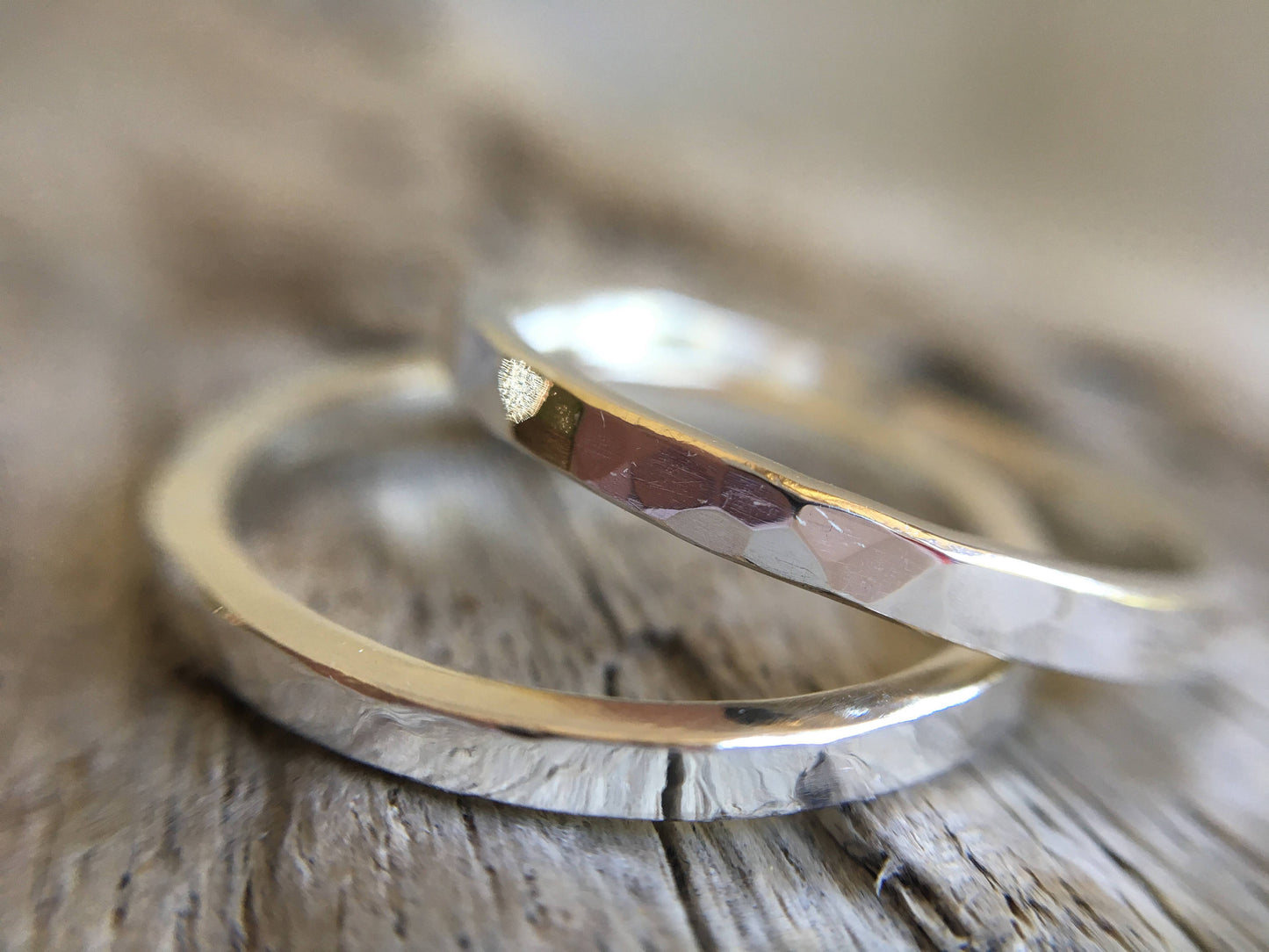 Two Customised Artisan Sterling Silver Hammered Stackable Rings