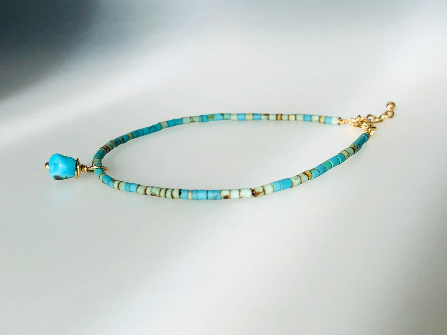 Turquoise Bracelet, Kingman Charm & Extender Chain With 14k Gold Fill Clasp