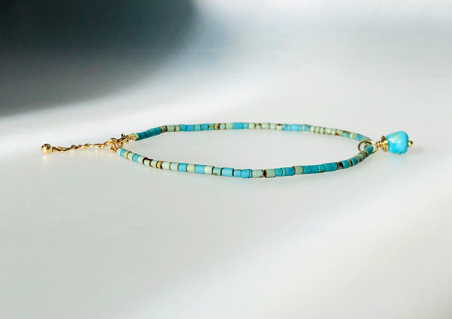 Turquoise Bracelet, Kingman Charm & Extender Chain With 14k Gold Fill Clasp