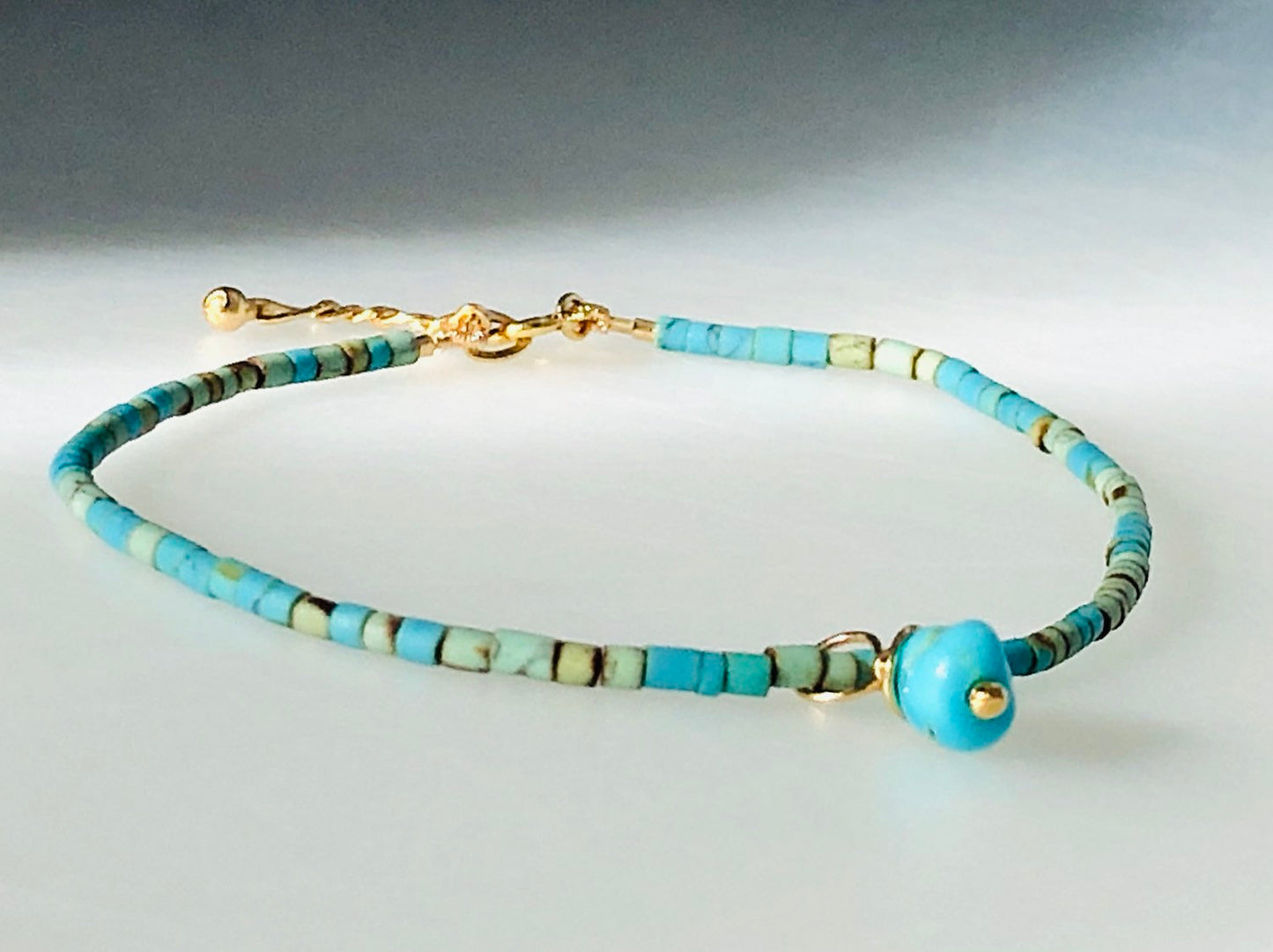 Turquoise Bracelet, Kingman Charm & Extender Chain With 14k Gold Fill Clasp