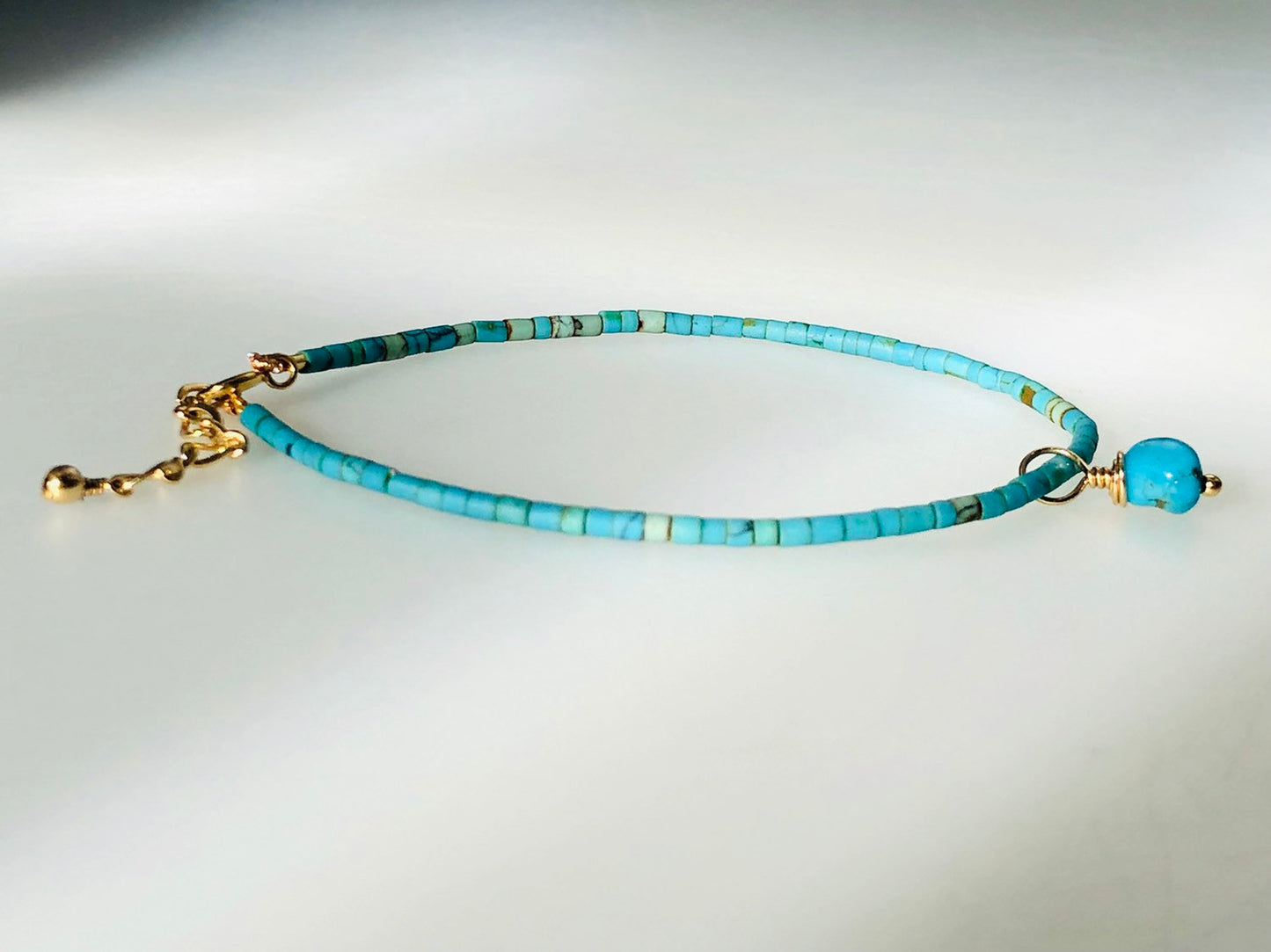 Turquoise Bracelet, Kingman Charm & Extender Chain With 14k Gold Fill Clasp