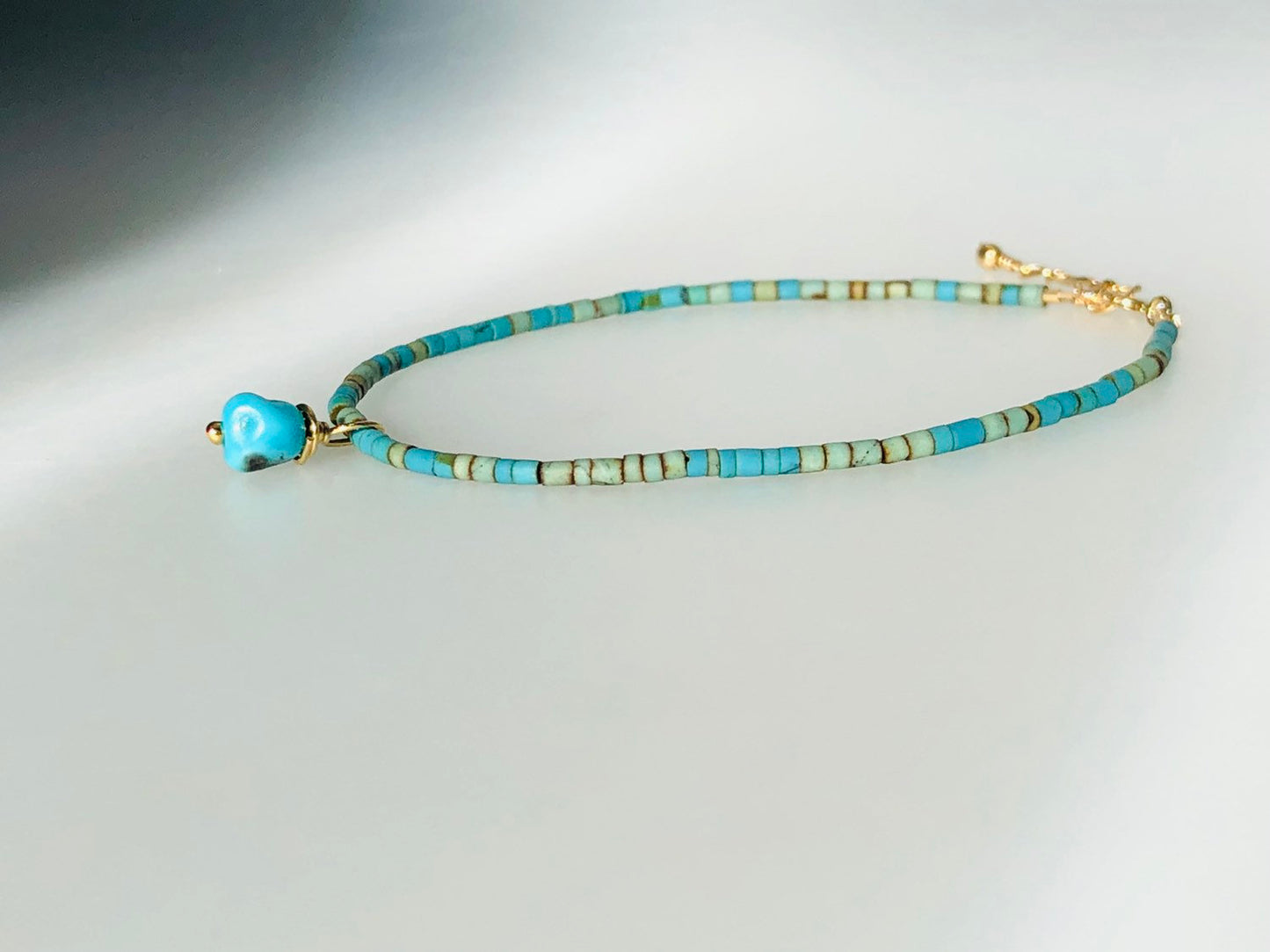 Turquoise Bracelet, Kingman Charm & Extender Chain With 14k Gold Fill Clasp