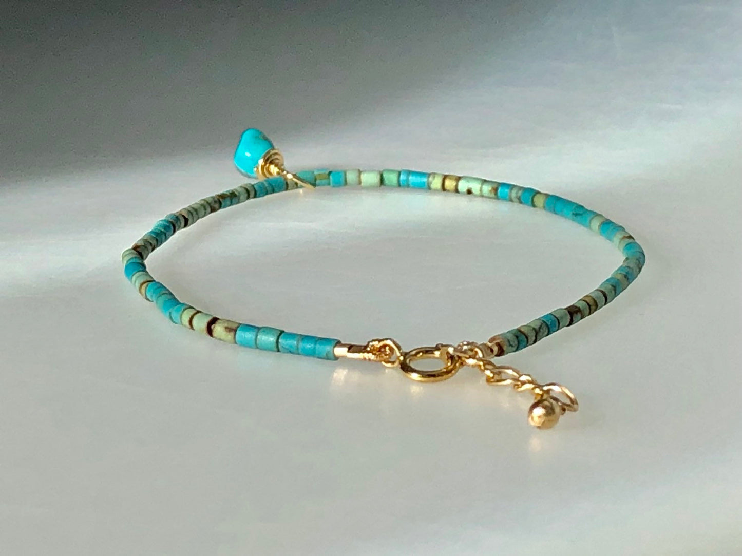 Turquoise Bracelet, Kingman Charm & Extender Chain With 14k Gold Fill Clasp