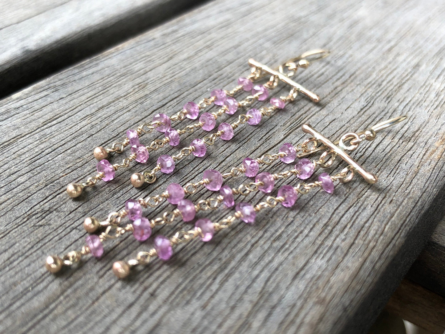 Handmade Pink Sapphire Chandelier Earrings In 9k Gold