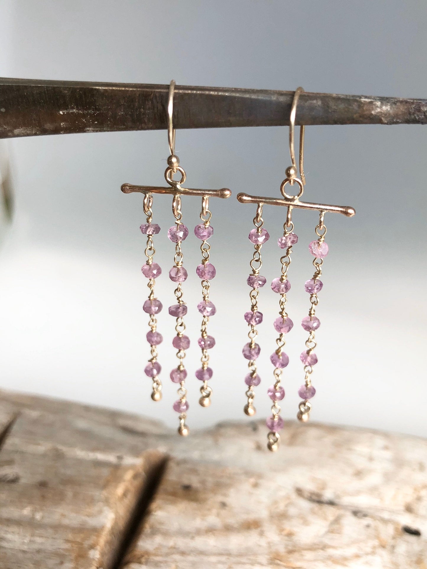 Handmade Pink Sapphire Chandelier Earrings In 9k Gold