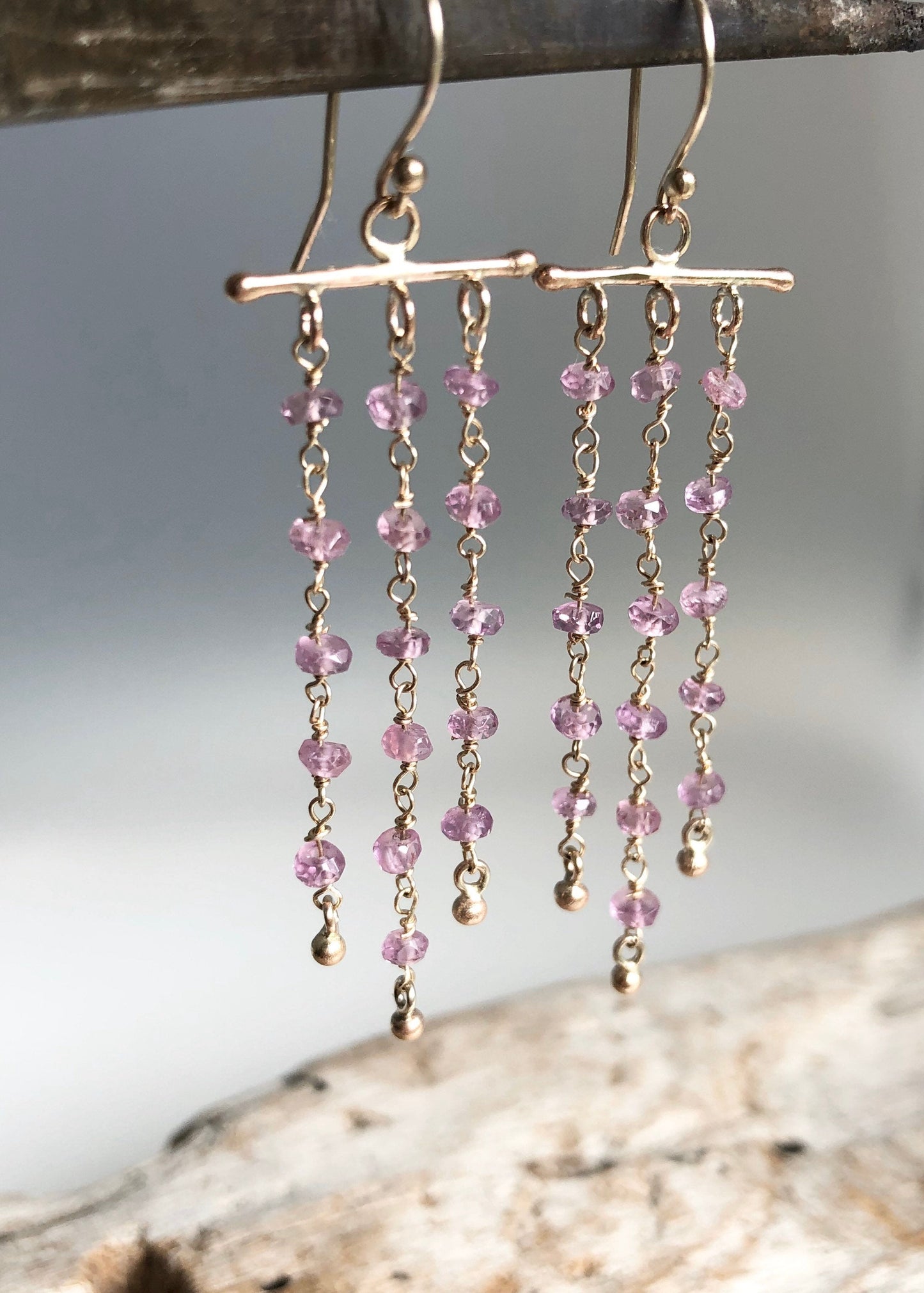 Handmade Pink Sapphire Chandelier Earrings In 9k Gold