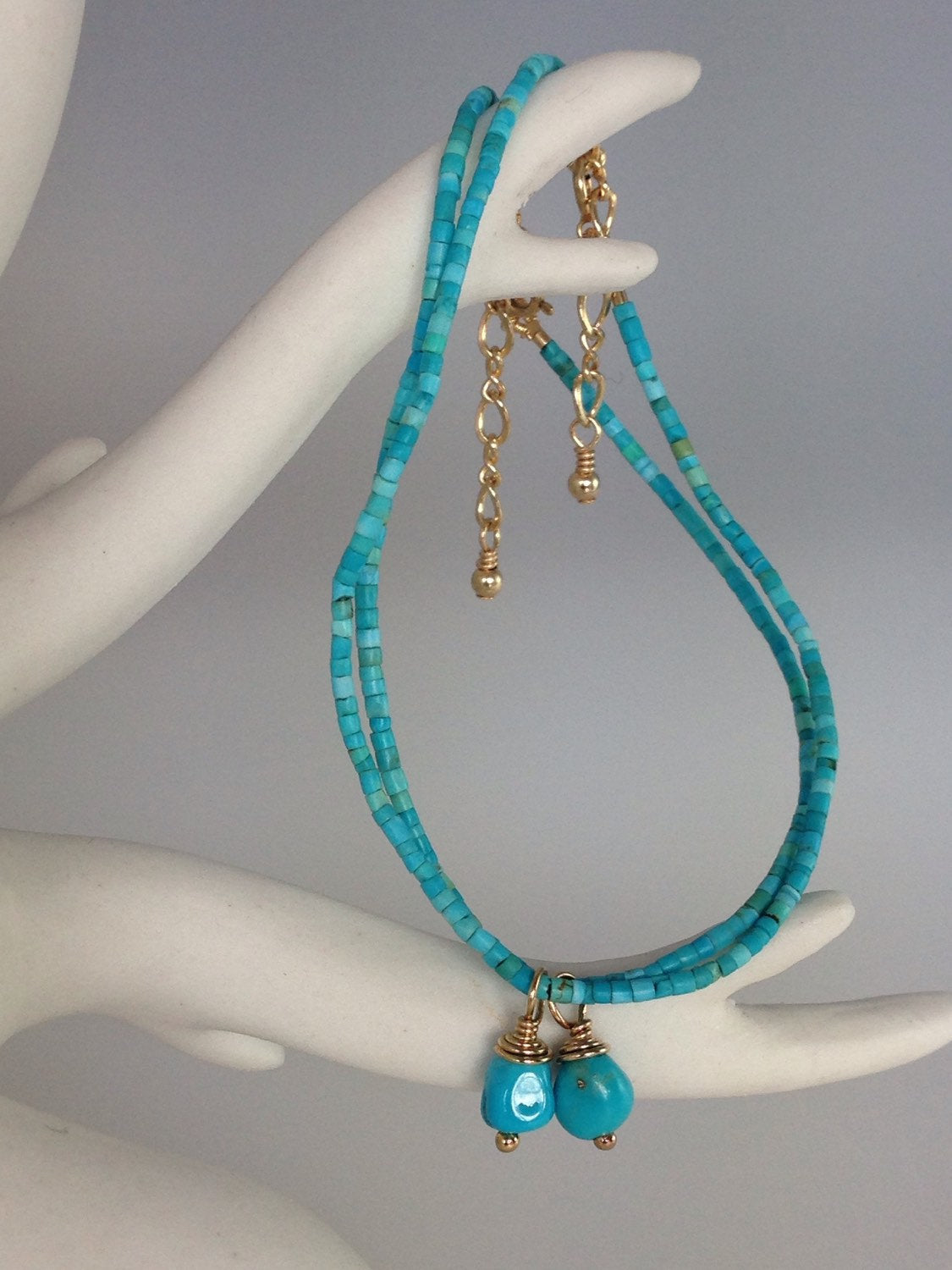 Turquoise Bracelet, Kingman Charm & Extender Chain With 14k Gold Fill Clasp